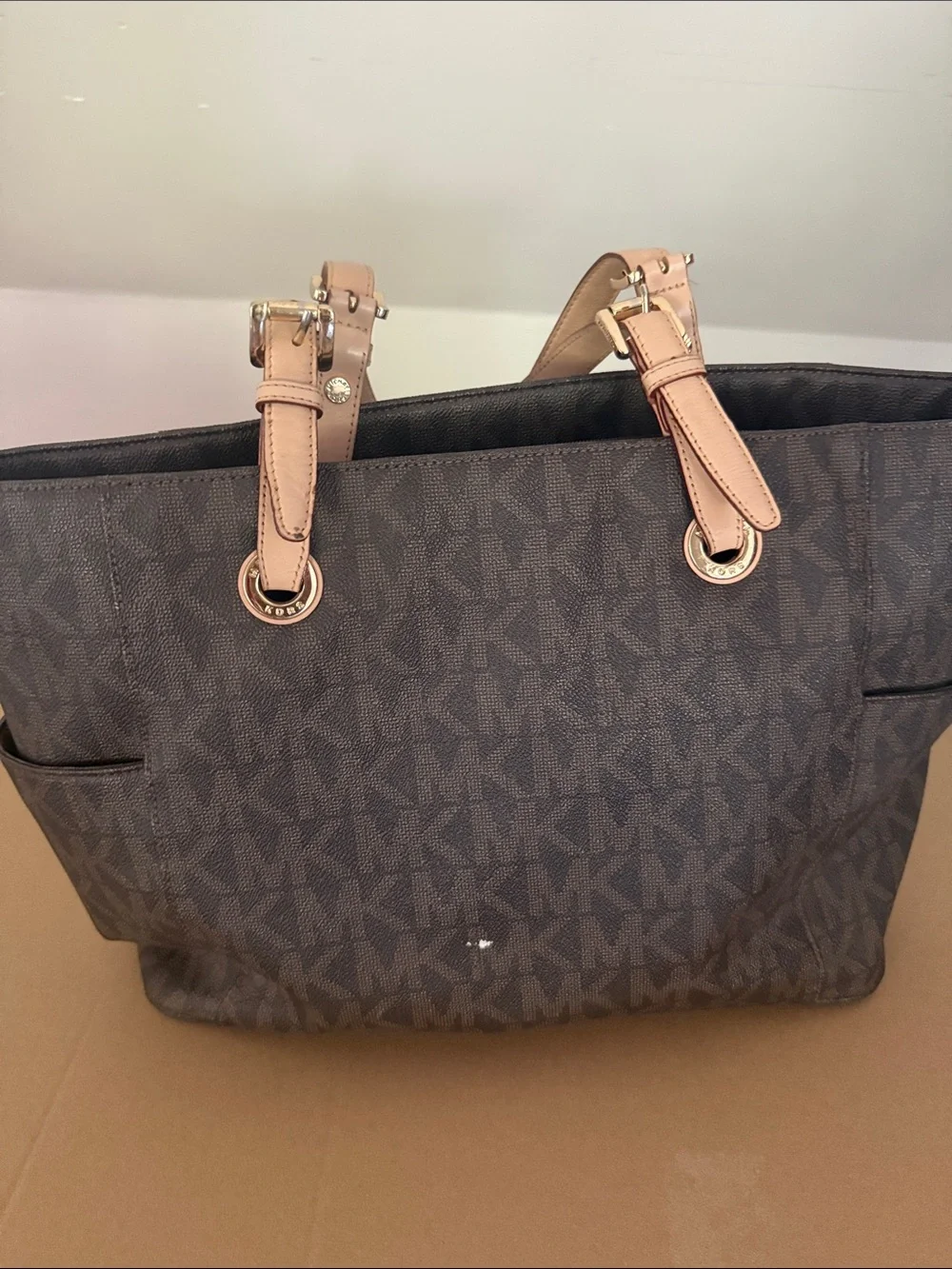 Michael Kors Brown Logo Tote with Tan Leather Handles and Gold MK Charm